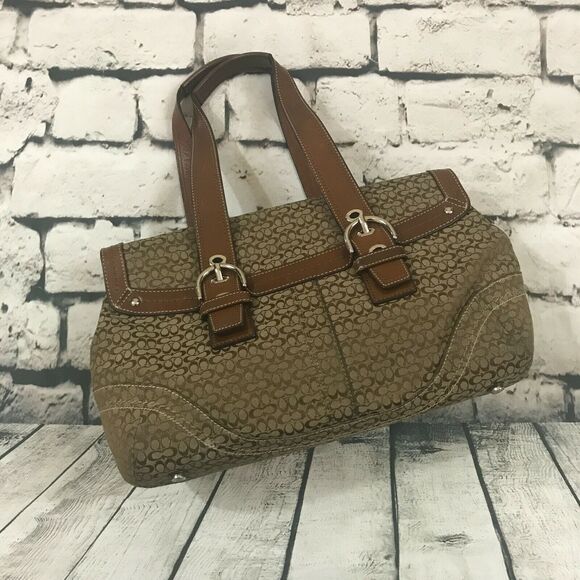 Coach Women's Purse Brown Fabric Cloth Satchel Leather Handles Trim - Picture 2 of 7